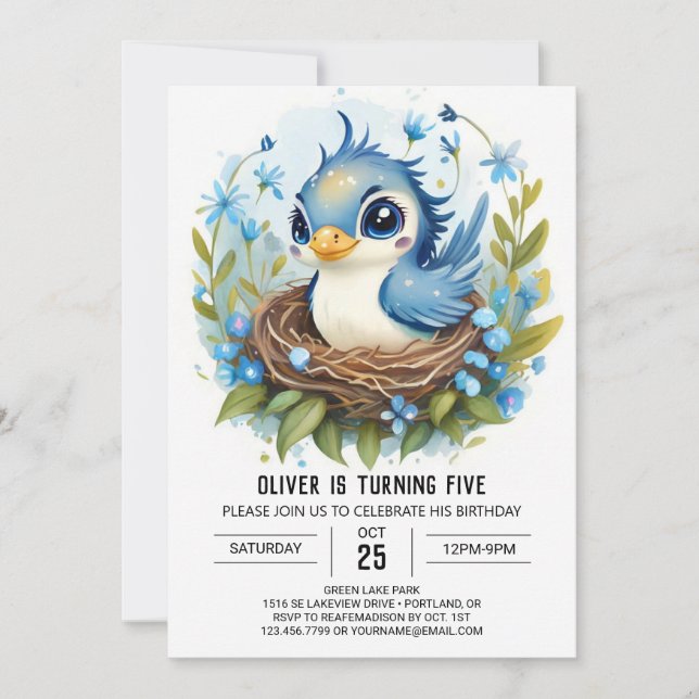 Convite Boho Whimsical Blue Bird Aniversário (Frente)