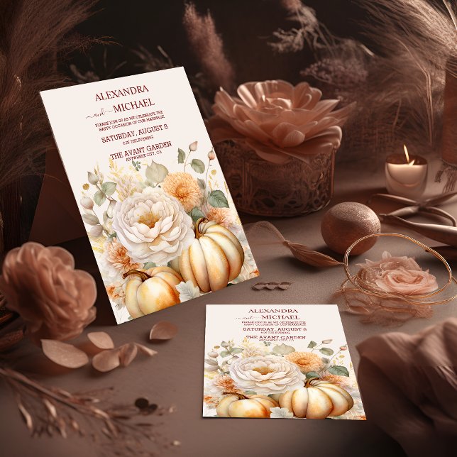 Convite Boho White e Dourado Casamento com Pumpkins (Criador carregado)