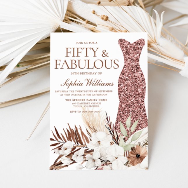 Convite Boho White Floral Rosa Dourado Vestido 50º Anivers (Criador carregado)