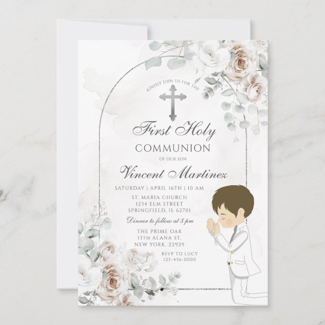 Convite Boho White Floral Silver Cross Boy Praying Baptism (Frente)