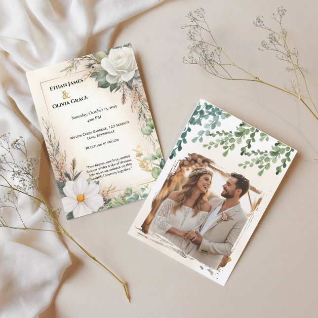 Convite Boho White Rose Eucalyptus Dourado Invite (Criador carregado)