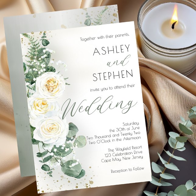 Convite Boho White Rose Floral | Casamento Eucalyptus (Elegant Dusty Sage Green and White Rose Eucalyptus Wedding Invitation with Soft Gold Accents)