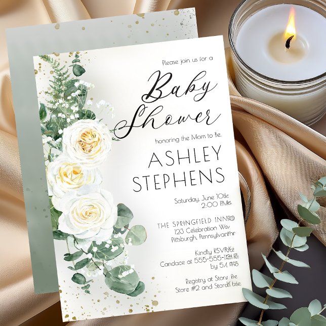 Convite Boho White Rose Floral | Chá de fraldas Eucalyptus (Boho White Roses and Eucalyptus Floral Baby Shower Invitation )