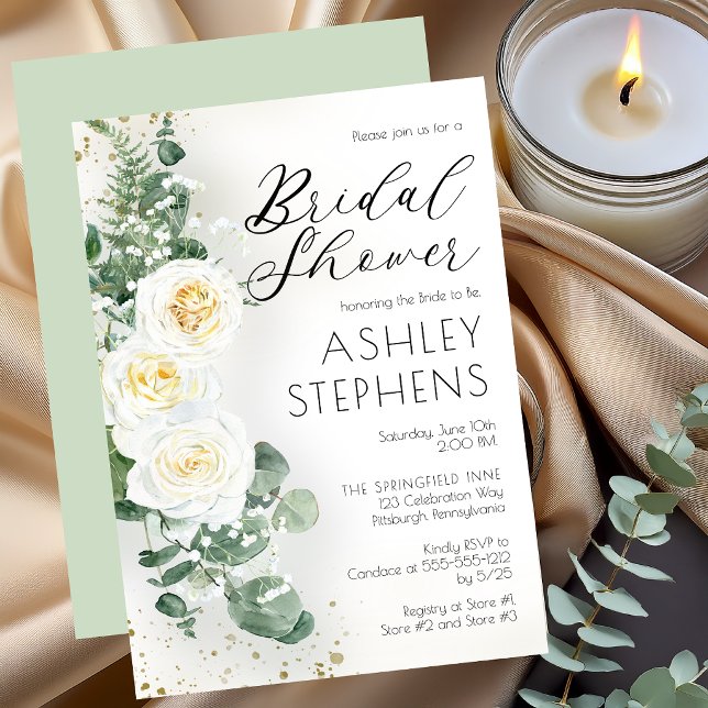 Convite Boho White Rose Floral | Chá de panela Eucalyptus (Dusty Sage Romantic White Roses | Eucalyptus Bridal Shower Invitation)