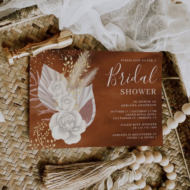 Convite Boho White Rose Pampas Terracotta Bridal Shower (Criador carregado)