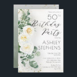 Convite Boho White Roses Eucalyptus 50th Festa de aniversá<br><div class="desc">rosa branca boho-chic elegante e elegante e design de texto de guião floral de "Festa de aniversário" de eucalipto com confete e sombreamento cor de ouro escuro. A parte traseira apresenta um plano verde de gradação de cor d'água com esplêndidos e verdes esparsos esplêndidos e dourados esplêndidos esplêndidos esplêndidos esplêndidos...</div>