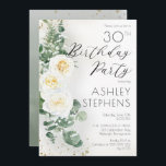 Convite Boho White Roses Eucalyptus aniversário de 30 anos<br><div class="desc">rosa branca boho-chic elegante e elegante e design de texto de guião floral de "Festa de aniversário" de eucalipto com confete e sombreamento cor de ouro escuro. A parte traseira apresenta um plano verde de gradação de cor d'água com esplêndidos e verdes esparsos esplêndidos e dourados esplêndidos esplêndidos esplêndidos esplêndidos...</div>