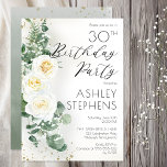 Convite Boho White Roses Eucalyptus aniversário de 30 anos<br><div class="desc">rosa branca boho-chic elegante e elegante e design de texto de guião floral de "Festa de aniversário" de eucalipto com confete e sombreamento cor de ouro escuro. A parte traseira apresenta um plano verde de gradação de cor d'água com esplêndidos e verdes esparsos esplêndidos e dourados esplêndidos esplêndidos esplêndidos esplêndidos...</div>
