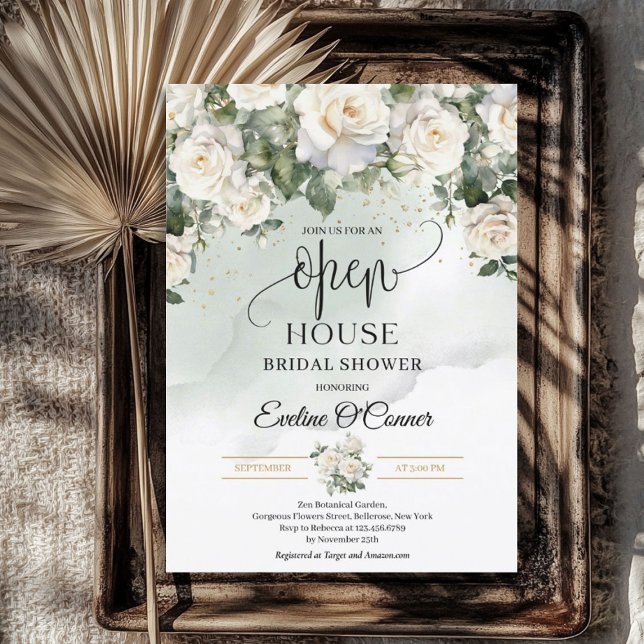 Convite Boho White Roses Greenerescência e Dourada Casa Ab (Boho White Roses Greenery and Gold Open House Invitation)
