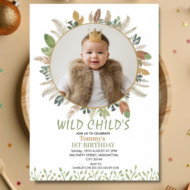 Convite Boho Wild Child 1st Birthday Photo Invitation (Criador carregado)