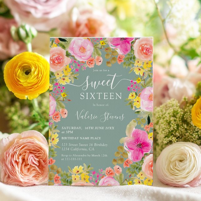 Convite Boho wild flowers Eucalyptus watercolor Sweet 16  (Boho wild flowers Eucalyptus watercolor Sweet 16 Invitation)