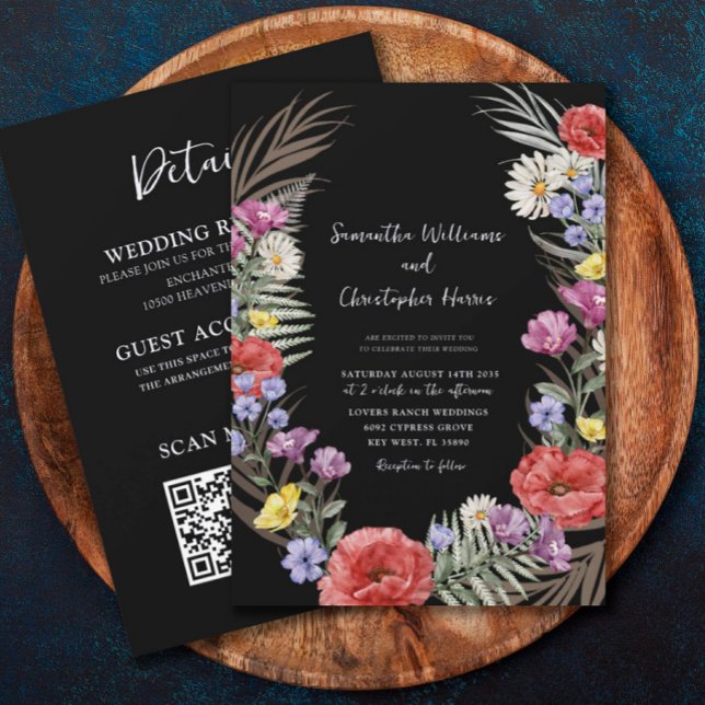 Convite Boho Wild Flowers Negro Em Um Casamento (Criador carregado)