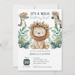 Convite Boho Wild One Leão Duplo Aniversário de Crianças