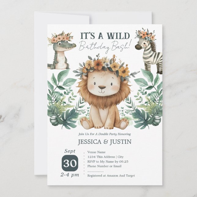 Convite Boho Wild One Leão Duplo Aniversário de Crianças (Frente)