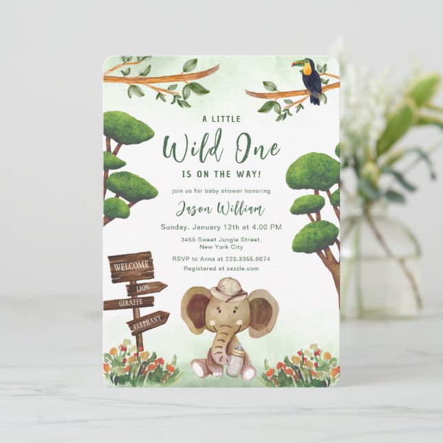 Convite Boho Wild One Safari Elephant Boy Baby Shower  (Em pé/Frente)