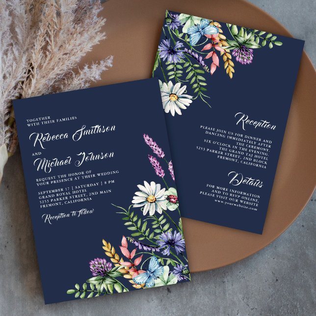 Convite Boho Wildflower All in One Navy Blue Wedding (Criador carregado)