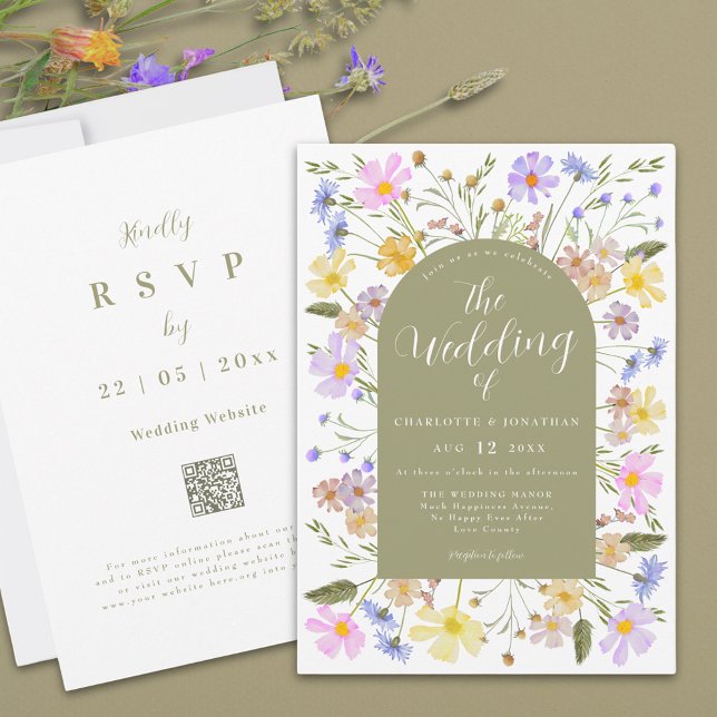 Convite Boho Wildflower Arch Spring Weditation (Boho wildflower sage green arch wedding invitation with qr code)