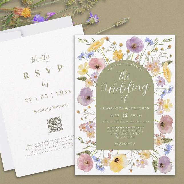 Convite Boho Wildflower Arch Spring Weditation (Colorful Wildflower wedding invitation with sage green arch elegant script and watercolor florals)