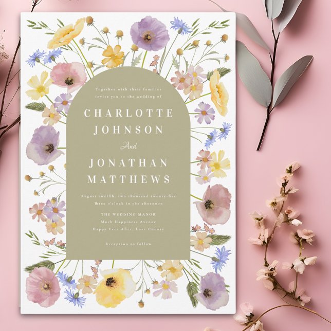 Convite Boho Wildflower Arch Spring Weditation (Colorful wildflower boho spring wedding invitation with blue pink yellow purple and sage green arch )