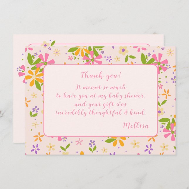 Convite Boho Wildflower Baby Girl Chá Obrigado Nota (Frente/Verso)