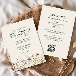 Convite Boho Wildflower Beige All in One QR Code Wedding