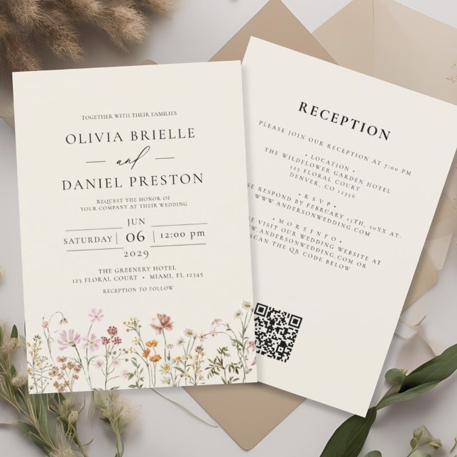 Convite Boho Wildflower Beige All in One QR Code Wedding (Criador carregado)