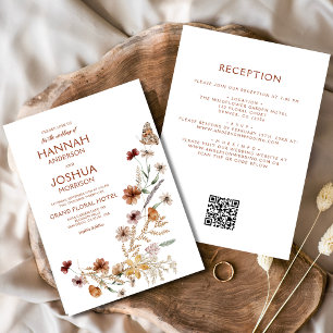 Convite Boho Wildflower Beige All in One QR Code Wedding