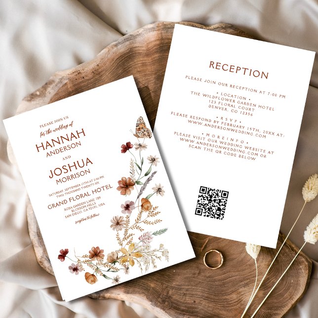 Convite Boho Wildflower Beige All in One QR Code Wedding (Criador carregado)