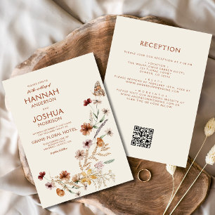 Convite Boho Wildflower Beige All in One QR Code Wedding