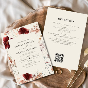 Convite Boho Wildflower Beige All in One QR Code Wedding