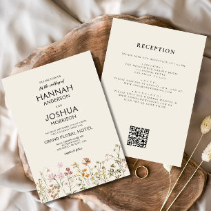 Convite Boho Wildflower Beige All in One QR Code Wedding