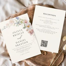 Convite Boho Wildflower Beige All in One QR Code Wedding