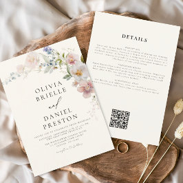 Convite Boho Wildflower Beige All in One QR Code Wedding