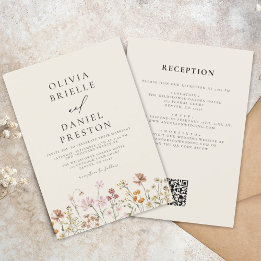 Convite Boho Wildflower Beige All in One QR Code Wedding