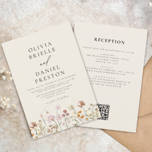 Convite Boho Wildflower Beige All in One QR Code Wedding