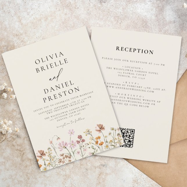Convite Boho Wildflower Beige All in One QR Code Wedding (Criador carregado)