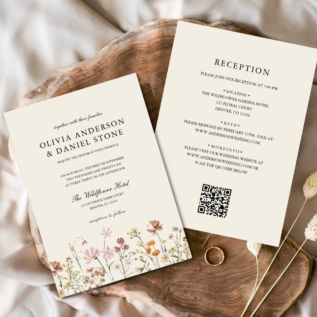 Convite Boho Wildflower Beige All in One QR Code Wedding (Criador carregado)