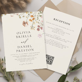Convite Boho Wildflower Beige All in One QR Code Wedding