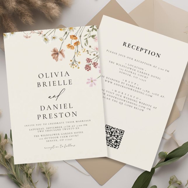 Convite Boho Wildflower Beige All in One QR Code Wedding (Criador carregado)