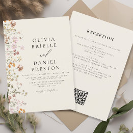 Convite Boho Wildflower Beige All in One QR Code Wedding