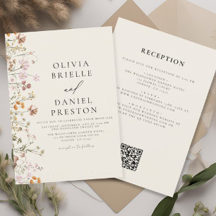 Convite Boho Wildflower Beige All in One QR Code Wedding
