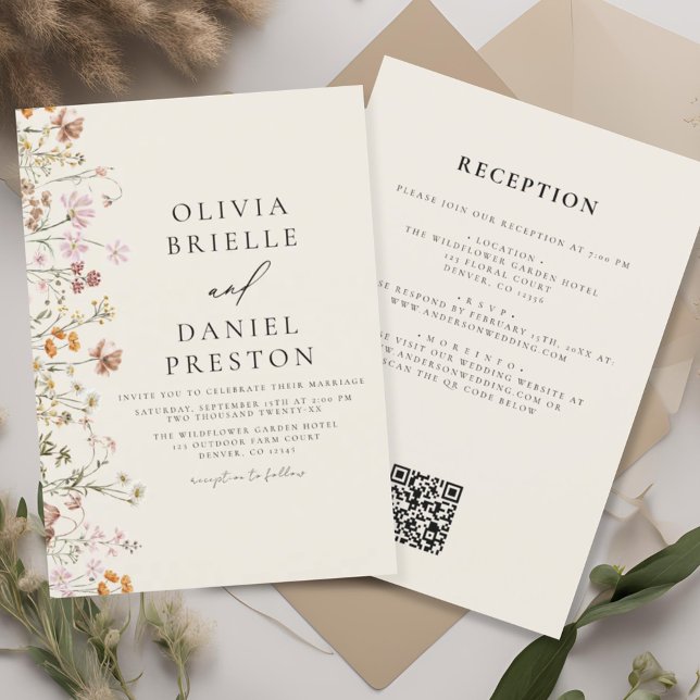 Convite Boho Wildflower Beige All in One QR Code Wedding (Criador carregado)