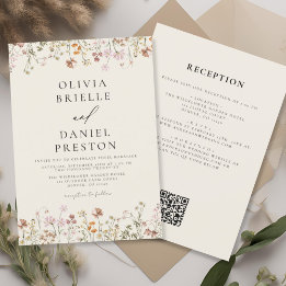 Convite Boho Wildflower Beige All in One QR Code Wedding