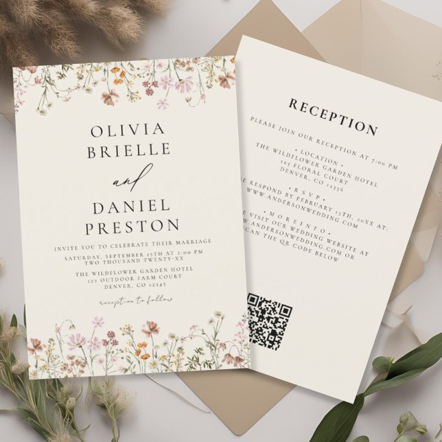 Convite Boho Wildflower Beige All in One QR Code Wedding (Criador carregado)