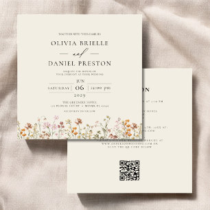 Convite Boho Wildflower Beige All in One QR Code Wedding