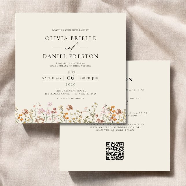 Convite Boho Wildflower Beige All in One QR Code Wedding (Criador carregado)