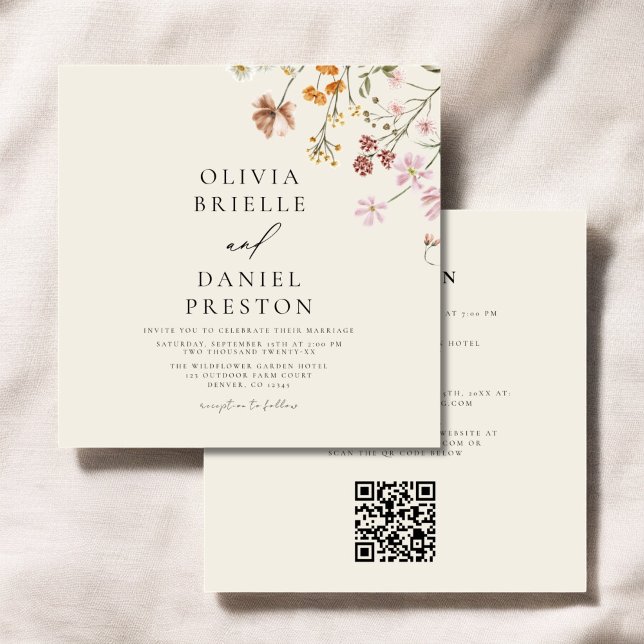 Convite Boho Wildflower Beige All in One QR Code Wedding (Criador carregado)