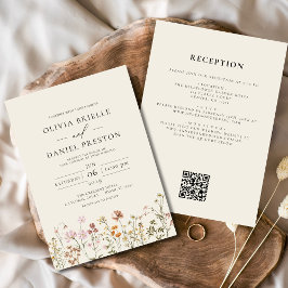 Convite Boho Wildflower Beige All in One QR Code Wedding