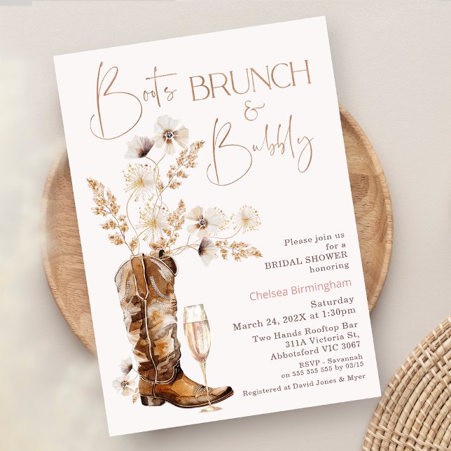 Convite Boho Wildflower Boots Brunch Chá de panela (Boho Floral Boots Brunch Bubbly Bridal Shower Invitation, Wildflowers Boots Bubble Bridal Shower)