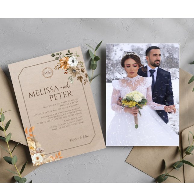 Convite Boho Wildflower Brown Foto Casamento (Criador carregado)